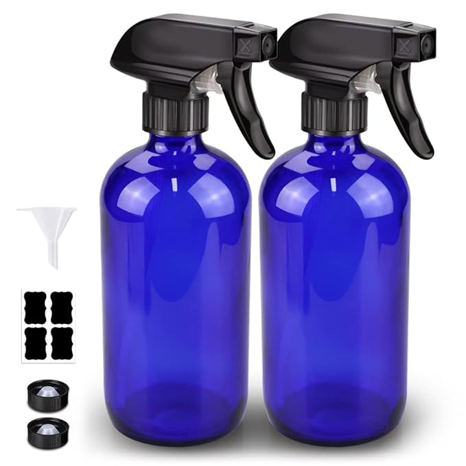 Bontip Glass Spray Bottle, Blue Glass Spray Bottle Set & Accessories Refillable for Plants Window Cleaners Aromatherapy Facial Hydration Watering Flowers Hair Care (2 Pack/16 oz) (Blue)
