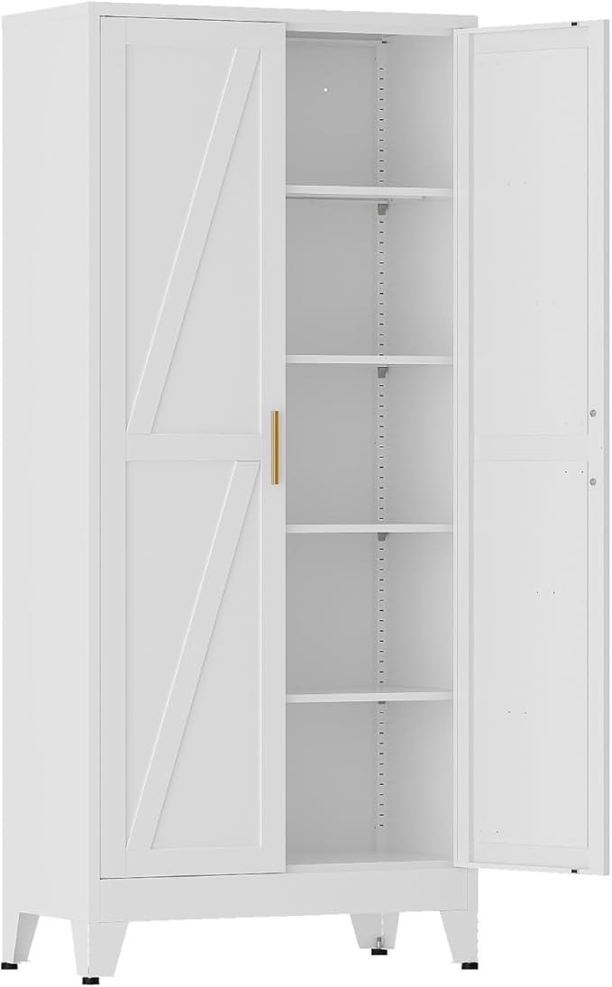 COFaR 71'' Tall Metal Pantry Cabinet, Kitchen Storage Cabinet with Doors and Shelves, Freestanding Farmhouse Food Cupboard for Kitchen Dinning Room Garage, White 5-Tier
