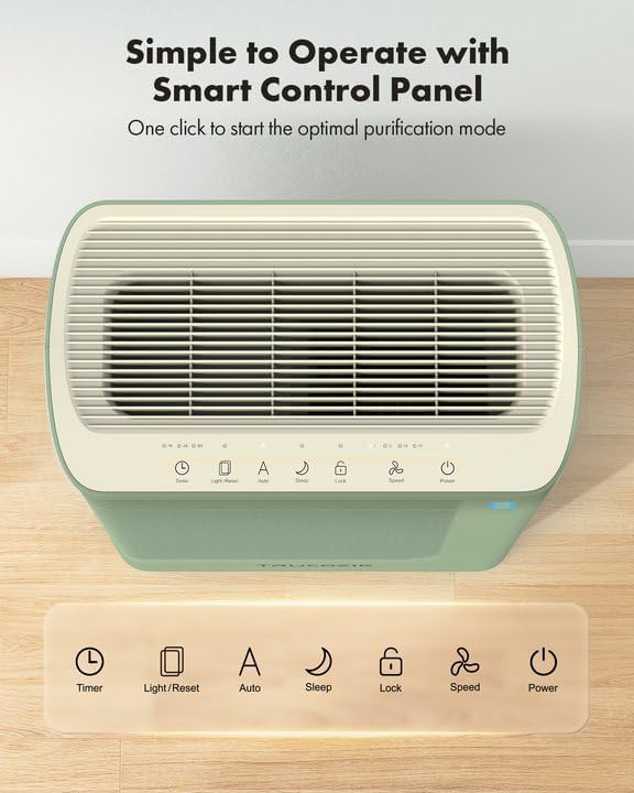 Trucozie T356 Air Purifier for Home Large Room Bedroom Up to 1937 Ft² in 1 Hr With Double-sided Air Inlet, Air Quality and Light Sensors, HEPA Sleep Mode for Allergies, Dust, Pollen, Pet Hair, Green