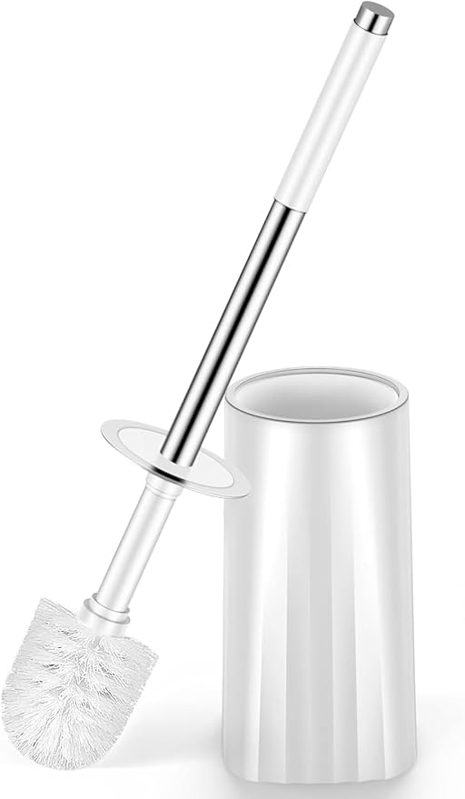 Toilet Brush and Holder Set, Compact Toilet Bowl Brush with Stainless Steel Handle, Hard Bristles, Drip-Proof, Easy to Assemble, Deep Cleaning White