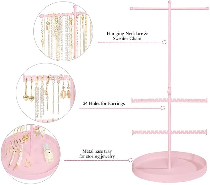Jenseits Jewelry Holder Organizer Stand, 3 Tier Necklace Organizer Earring Holder Tree, Adjustable Height Jewelry Display Towers, Long Necklaces Bracelets Jewelry Storage Rack Gift For Women, Girls
