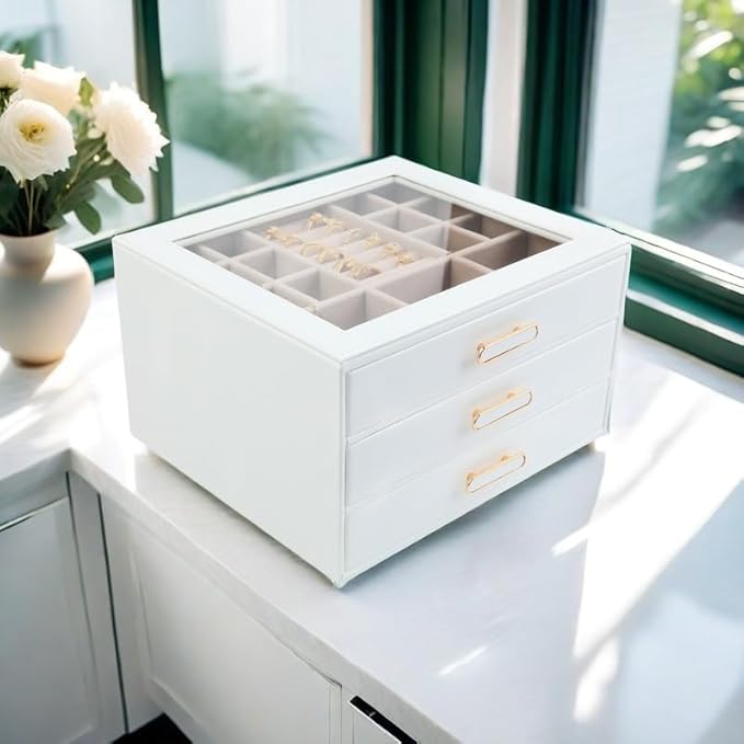 Jewelry Box Organizer with Glass Lids 3 Layer Jewelry Storage Case PU leather Jewelry Boxes for Woomen Suitable for Storing Rings Necklaces Earrings, Bracelets Gift Box for Girls
