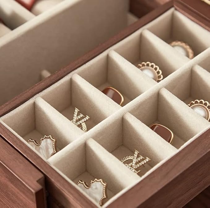 CHOSIN Black Walnut Jewelry Box for Women, 3-Level Multi-functional Organizer with Mirror for Watches, Necklaces, Rings & Earrings Storage Valentine's Day Gifts