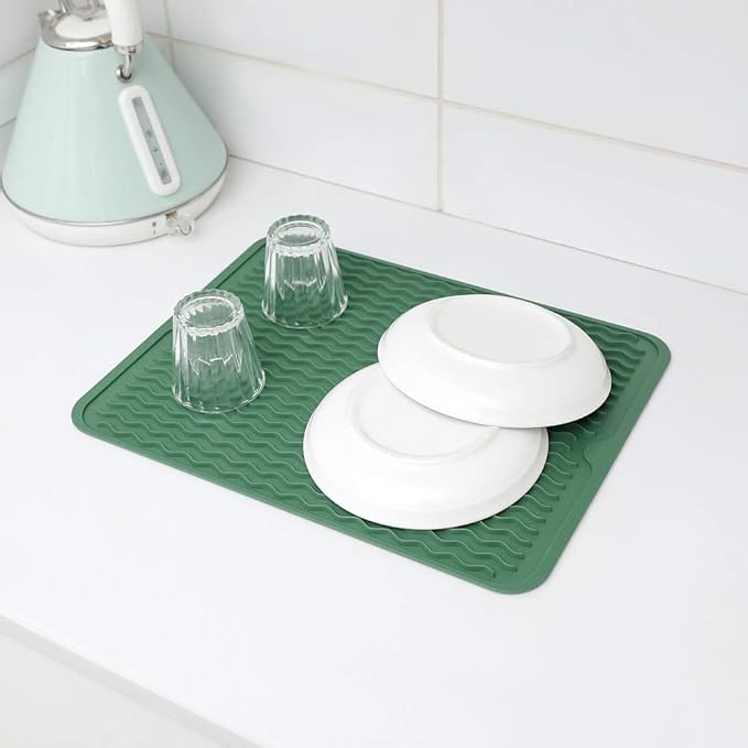 MicoYang Silicone Dish Drying Mat for Multiple Usage,Easy clean,Eco-friendly,Heat-resistant Silicone Mat for Kitchen Counter or Sink,Refrigerator or drawer liner Green L 16 inches x 12 inches