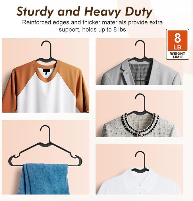 HOUSE DAY Black Plastic Hangers 60 Pack, Lightweight Clothes Hangers with Non-Slip Shoulder Grooves - Space-Saving, Durable & Reinforced Edges Coat Hanger for Closet Organization (Made in USA)