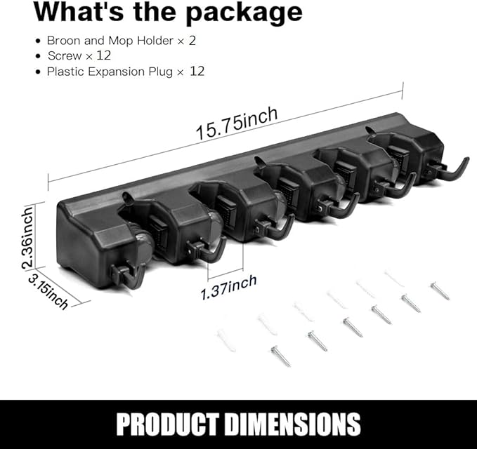 IMILLET 2 Pack Mop and Broom Holder, Wall Mounted Organizer Mop and Broom Storage Tool Rack with 5 Ball Slots and 6 Hooks (Black)