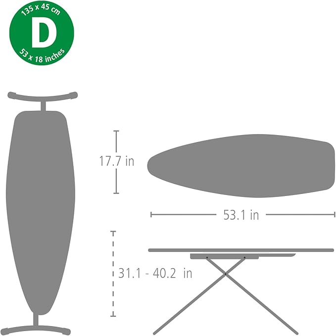 Brabantia Size D Ironing Board (53x18 in) Heat Resistant Parking Zone, Silver Frame, Non-Slip Feet, Suitable for Sit Down Ironing (Spring Bubbles)