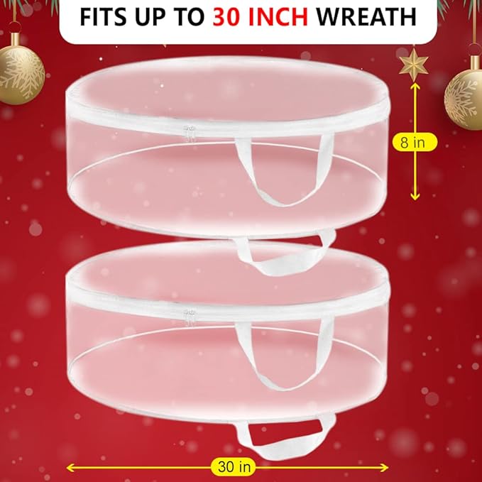 ProPik Christmas Wreath Storage Bag 30" - 2 Pack Clear Xmas Wreath Storage Container - Garland Holiday Artificial Wreath Storage Holder - Water Proof Transparent PVC with Handles (30 Inch, White)