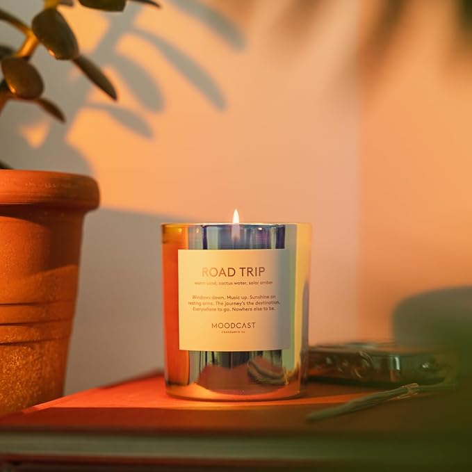 Moodcast Road Trip Scented Candle - Aesthetic Candle for Home, Cactus Water, Amber & Warm Sand, Clean Coco Wax Blend, Vegan, Paraben Free, 45-Hour Long Lasting Burn - 8oz