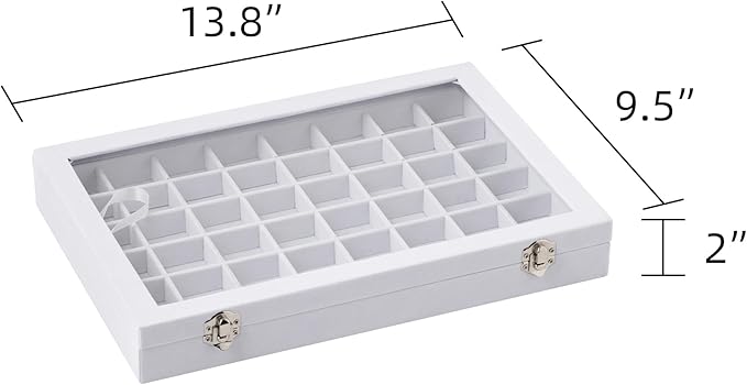Frebeauty 40 Grid Jewelry Tray,Adjustable Earring Holder Organizer with Glass Lid,Velvet Drawer Jewelry Organizer for Rings,Studs,13.8 x 9.5 x 2 Inches Jewelry Display Box,Gift for Women(White)