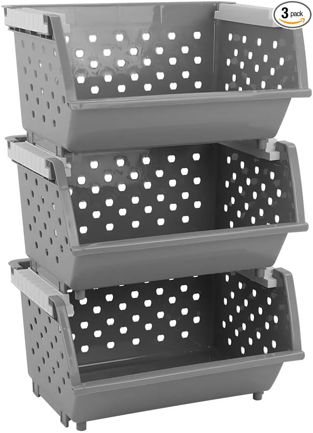 Ggbin 3 Tier Stackable Storage Baskets, Plastic Stacking Open Front Storage Bin, Grey