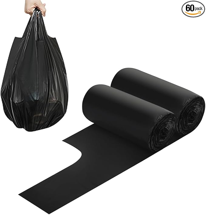 2-4 Gallon Portable Trash Bags, Thicken Vest type Small Garbage Bags for Office, Kitchen, Bedroom and more, 60 Counts Black