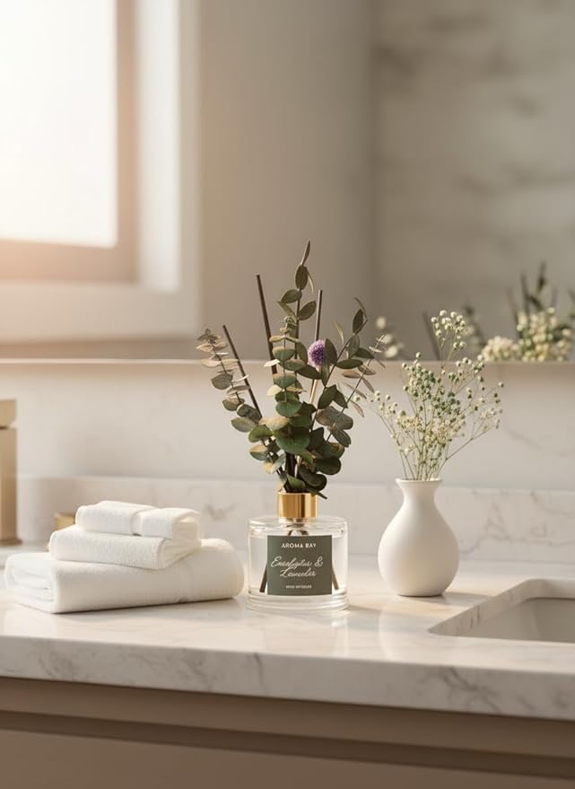 5.7 fl oz Eucalyptus Lavender Reed Diffuser Set, Glass Bottle with Preserved Flowers, Natural Home Fragrance for Bedroom, Bathroom, Home Decor(170ml)