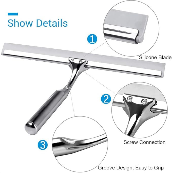 Quntis Silicone Shower Squeegee with Stainless Steel Handle, Window Cleaning Squeegee for Bathroom Window Kitchen Car Household with Professional Wall Mount