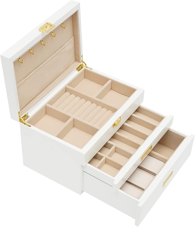 LOYALHEARTDY 3 Layers Large Wooden Jewelry Box Drawer, Large Jewelry Box Organizer for Women, 2 Drawers Storage Case for Ring Necklace Earring Bracelet Organizer Storage Display Box (White)