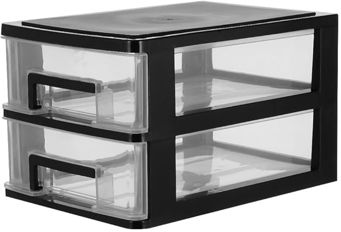 Tofficu Plastic Storage 2 Drawer Storage Tower Multifunctional Storage Cabinet with Clear Drawers Storage Case Organizer for Craft Stationary (2 Layers Black)