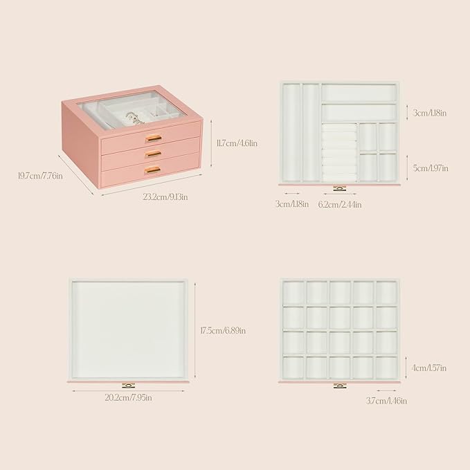 Jewelry Box Organizer with 3 Drawers,Glass Lid Jewelry Boxes for Women,Jewelry Storage for Rings,Necklaces,Earrings,Bracelets,Interesting Gift,Pink