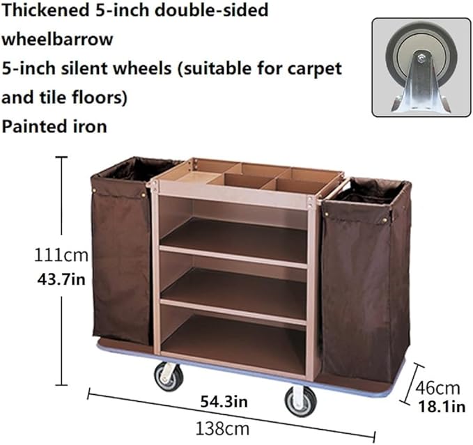 Multifunctional Housekeeping Caddy, Compact Service Trolley, Hotel Cleaning Cart with Removable Canvas Bags & Locking Wheels for Housekeeping Hotels Apartment,001
