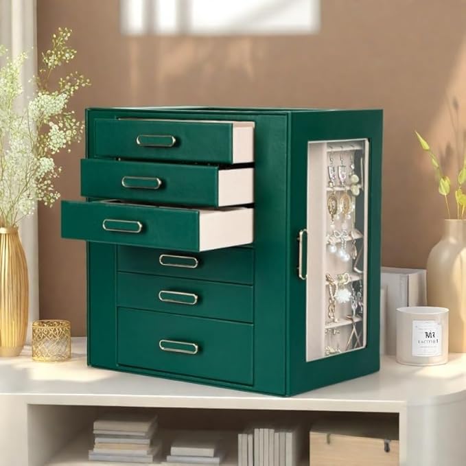 Jewelry Boxes for Women, 6 Layer Jewelry Organizer with Glass Lids, Jewelry Holder Organizer with 5 Drawers and 2 Glass Doors for Jewelry Storage, Big Jewelry Box for Womens Gift (Green)