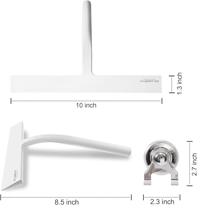 Shower Squeegee for Glass Doors 10 Inch, RICHMIRTH All Purpose Squeegee Cleaning Tool for Window Glass Mirror Bathroom Tile with Suction Cup Hooks - White
