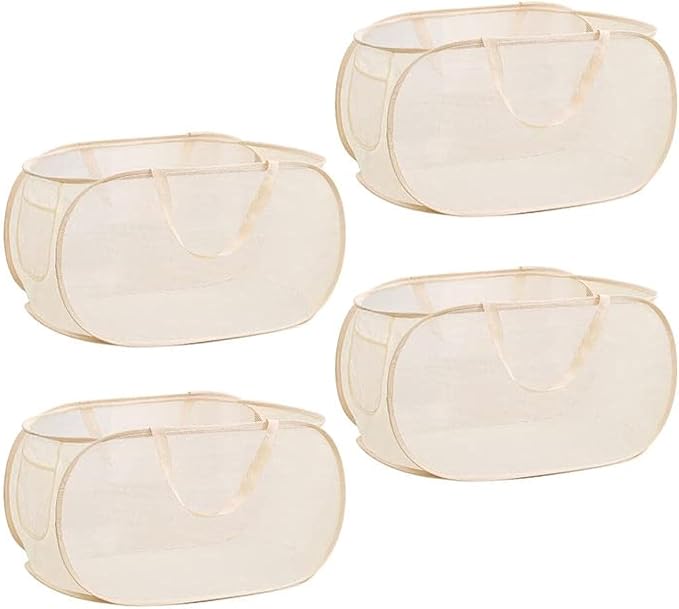 Rubruan 4 Piece Popup Mesh Laundry Basket Durable Handles Collapsible Laundry Baskets Folding Clothes Pastic Hamper for Laundry Room College Dorm (Beige)