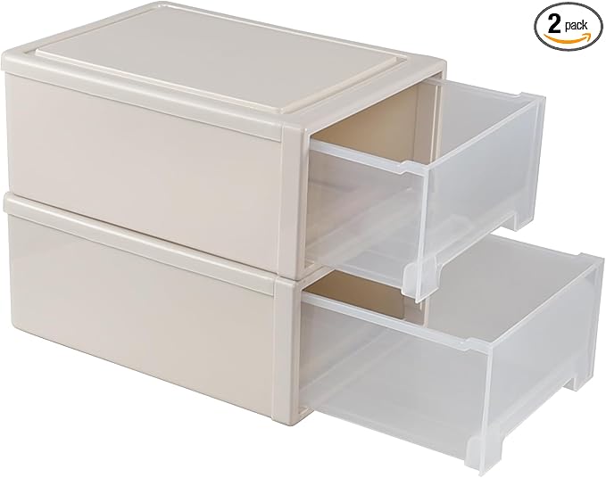 17.8 Quart Desktop Stackable Storage Drawers, 2 Pack Plastic Drawer Boxes, Beige