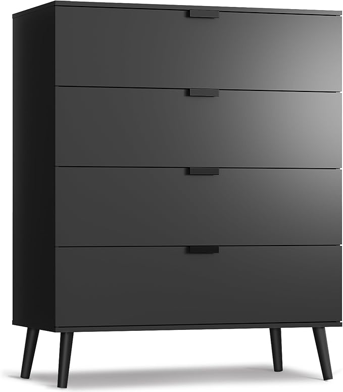 WLIVE 4 Drawer Dresser for Bedroom, Wooden Black Tall Dresser, Modern Dressers with Sturdy Metal Handle, Small Chest of Drawers for Living Room, Hallway