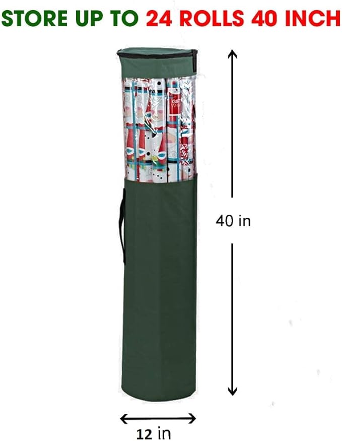 ProPik Gift Wrapping Paper Storage Organizer Bag, Store Up To 24 Rolls 40 Inch, Heavy Duty Polyester plus PVC Clear Bag with Handles and Zippered Top for Gift Wrap and Ribbons (Green)