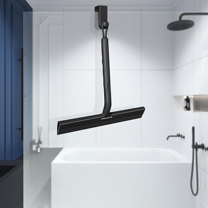Anjinwiper Shower Squeegee for Glass Doors with Adhesive Hook, All-Purpose Squeegee for Shower Glass, Bathroom, Window, Mirror, Car Glass and Tile Wall-8.6 Inches,Black
