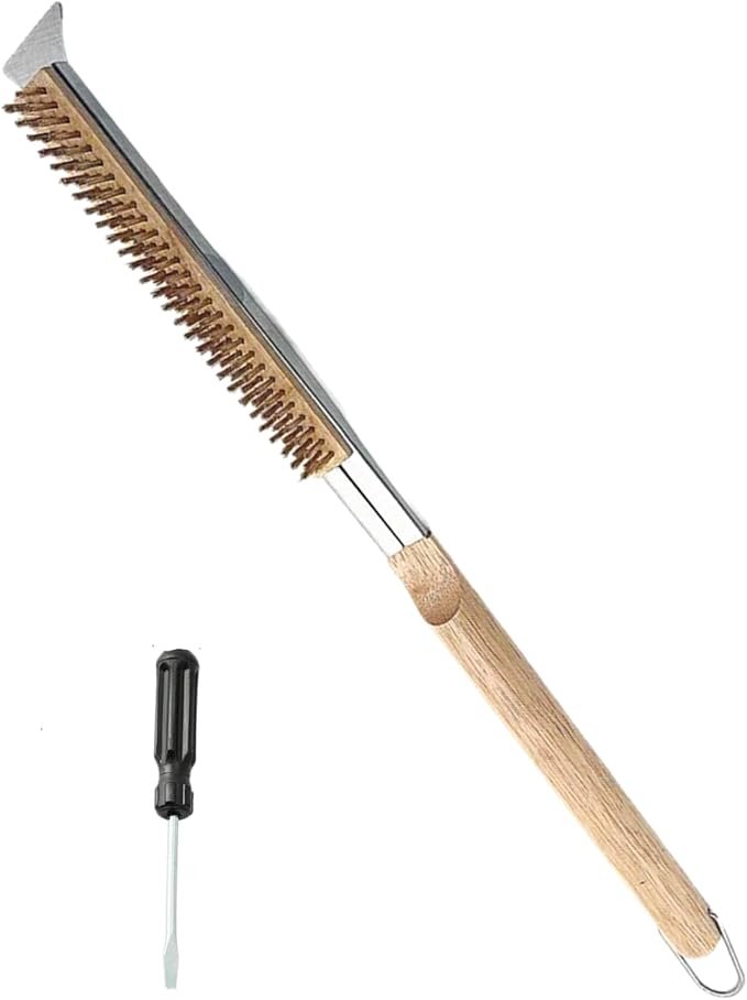 ToppYuanZea 21 Inch Pizza Oven Brush with Scraper, Brass Bristles, Outdoor BBQ Grill Cleaning Brush Copper Wire Pizza Stone with 1 Screwdriver Outdoor Oven Accessories