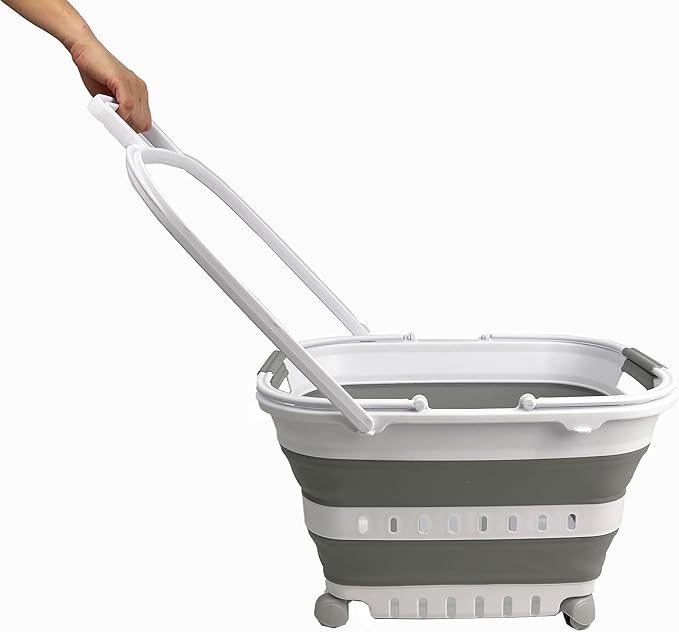 SAMMART 35L (9.24 Gallons) Collapsible Plastic Laundry Basket with Handle and Wheels - Foldable Pop Up Storage Container/Organizer with handle and wheels - Space Saving (1, White/Grey)