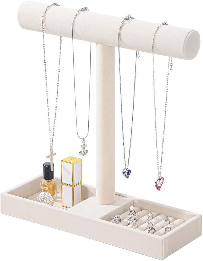 Justsoso Multi-Use Jewelry Holder Stand, Necklace Bracelet Ring Organizer Stand, Scrunchie Watches Velvet Jewelry Holder Stand With Tray for Women Home Use(Beige Color)