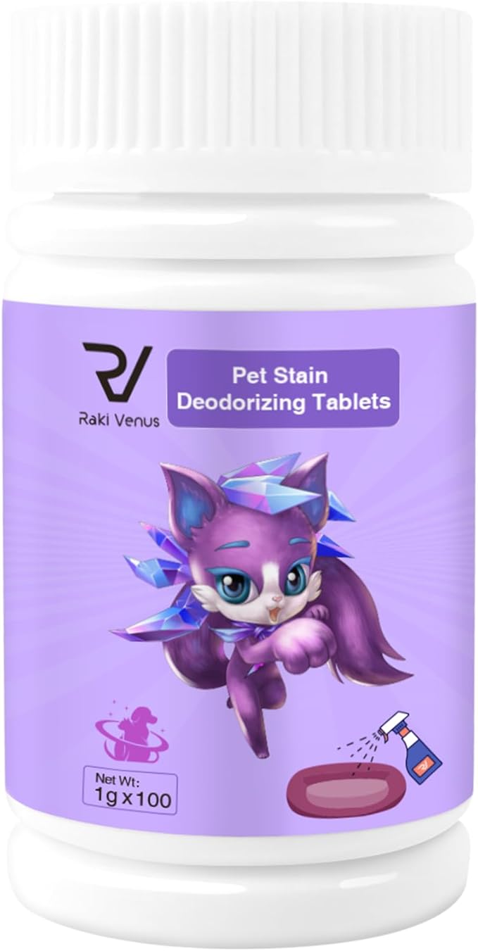 Raki Venus Kennel and cat bed Stain Removers Pet Stain Deodorizing eliminating residual pet urine odors on carpets, floors, and wall corners 100Tablets