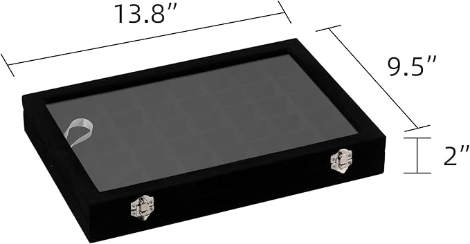 Frebeauty 48 Grid Jewelry Tray,Adjustable Earring Holder Organizer with Glass Lid,Velvet Drawer Jewelry Organizer for Rings,Studs,13.8 x 9.5 x 2 Inches Jewelry Display Box,Gift for Women(Black)
