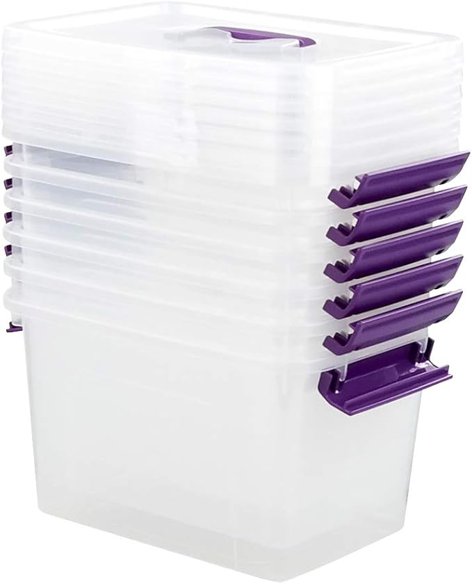Farmoon 6 Quart Clear Storage Bin, Small Plastic Stackable Box/Cotainer with Lid and Purple Handle, 6 Packs