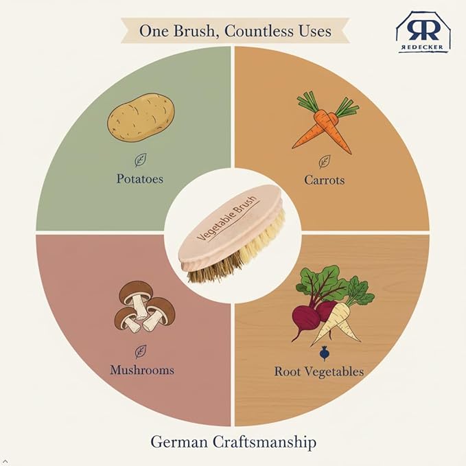 REDECKER Hard and Soft Side Vegetable Brush - Beechwood Handle - 2 Different Bristle Strengths for Cleaning Delicate or Tough-Skinned Vegetables, 5-1/4 inches - Vegetable Scrubber, Made in Germany
