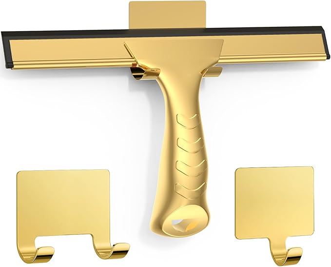 OVSGTTZ All-Purpose Shower Squeegee for Shower Glass Doors with 2 Adhesive Hook, Stainless Steel Squeegee for Bathroom, Household Window, Mirrors, Tiles and Car Windows 10 Inches, Clear, Golden