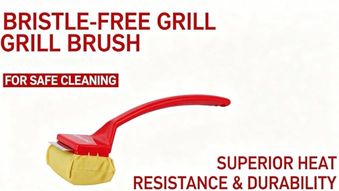 Bristle Free Grill Brush with Removable Cleaning Head, Seamless-Fit Scraper Tool for Cast Iron & Stainless Steel Grates, Safe BBQ Cleaner - Red