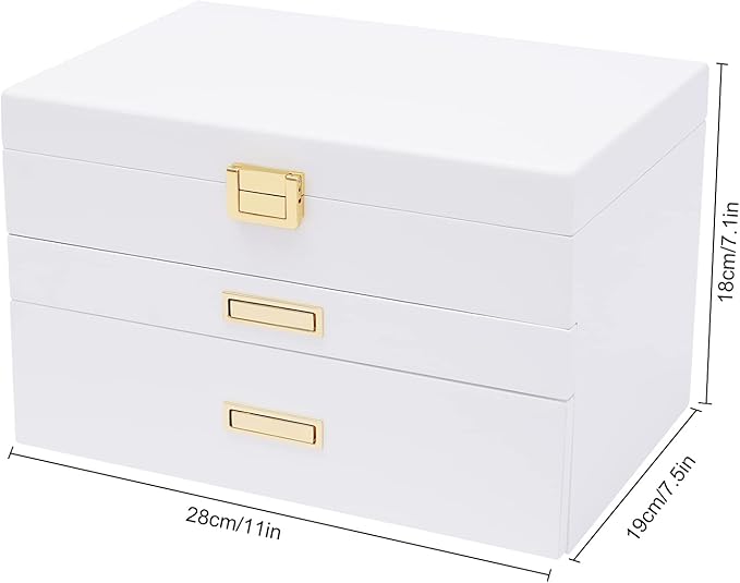 3-Layer Jewelry Box Organizer with Hooks, White Jewelry Chest for Women Girls, Jewelry Case Display Jewellery Holder Organizer Storage Box for Necklace Earrings Rings Bracelets