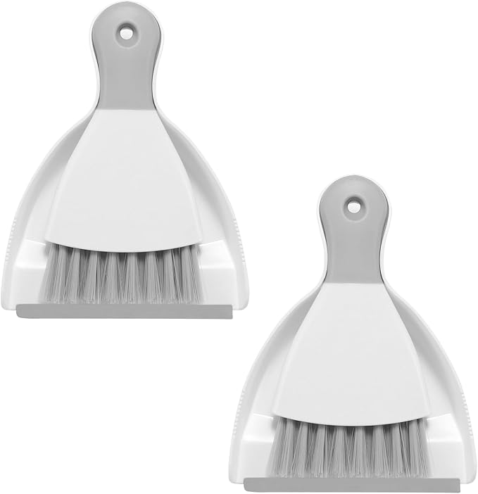 NACENA Mini Dustpan and Brush Set 2 Pack, Small Broom and Dustpan Set Dust Pan and Mini Hand Broom Dustpan and Broom Combo Compact for Home Table Keyboards Sofa Kitchen, White & Gray