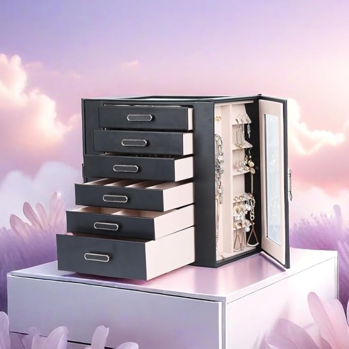 Jewelry Boxes for Women, 6 Layer Jewelry Organizer with Glass Lids, Jewelry Holder Organizer with 5 Drawers and 2 Glass Doors for Jewelry Storage, Big Jewelry Box for Womens Gift (Black)