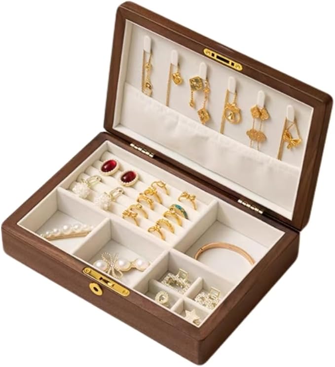 Bescott 1 Layer Solid Black Walnut Wooden Jewelry Box for Women with Lock and Key Wood Vintage Organizer for Men Earrings Rings Necklaces Bracelet Storage Mother's Day Gift