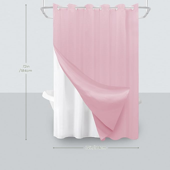 Inhousolu No Hook Waffle Weave Shower Curtain with Removable Snap in Fabric Liner Set for Bathroom, 230 GSM Heavy Duty Weighted Hem, Water Repellent Washable Bath Curtains, 72 x 72 Inch, Pink