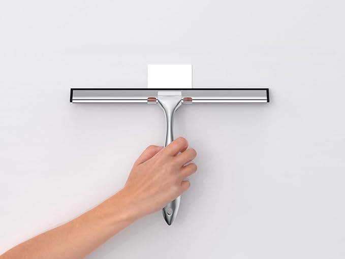 12'' Light Weight Stainless Steel Shower Squeegee for Glass Doors with 4 Pieces Set (1 Window Squeegee, 1 Door Hook and 2 Adhesive Hooks) Perfect Cleaning Tool for Car, Window, Bathroom Mirror