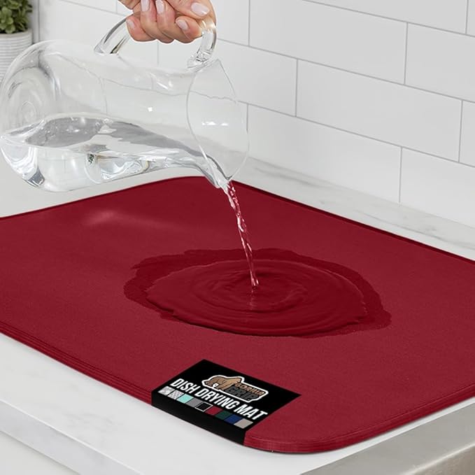GORILLA GRIP Ultra Water Absorbent Microfiber Dish Drying Mat, Quick Dry Thick Mesh, Slip Resistant Pad for Sink Dishes or Under Rack, Kitchen Counter Accessories, Machine Wash Mats, 18x16 Inch, Red