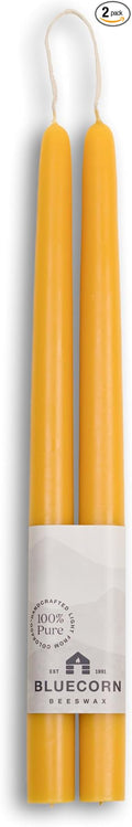 Bluecorn Beeswax Taper Candles, 100% Pure Natural Bees Wax, 12 Inch Pair, Yellow Candlesticks, Unscented, Clean Burning & Dripless, Long Lasting, Thanksgiving & Christmas Decor, American Made, 1 Count