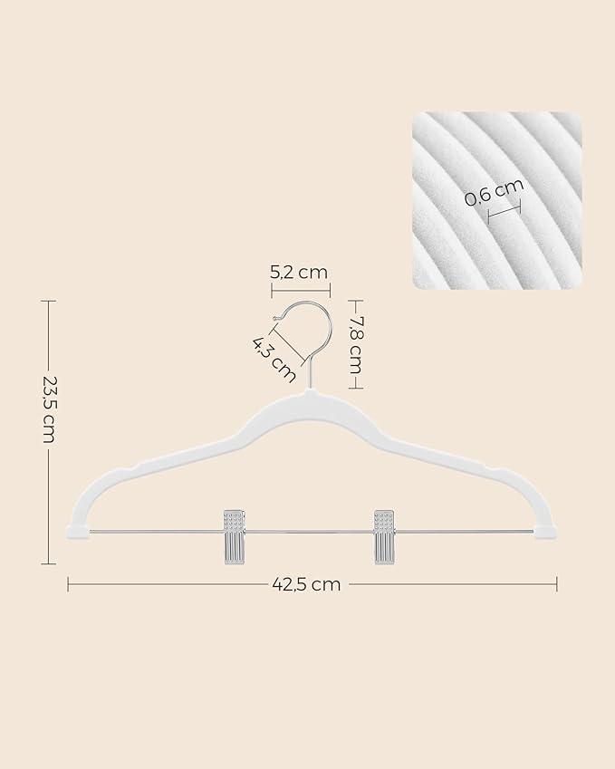 SONGMICS 30-Pack Pants Hangers, 16.7-Inch Long Velvet Hanger with Adjustable Clips, Heavy-Duty, Non-Slip Skirt Hangers, Space-Saving for Pants, Skirts, Coats, Dresses, White UCRF012W02