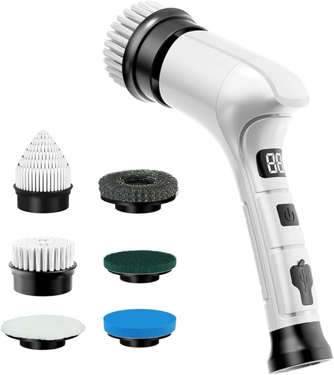 Electric Spin Scrubber, Cordless Household Cleaning Brush with 6 Replaceable Heads, 3 Speeds, LED Display, Lightweight Handheld Power Scrubber for Cleaning Stove/Bowl/Sink/Corner/Tile/Grout-White
