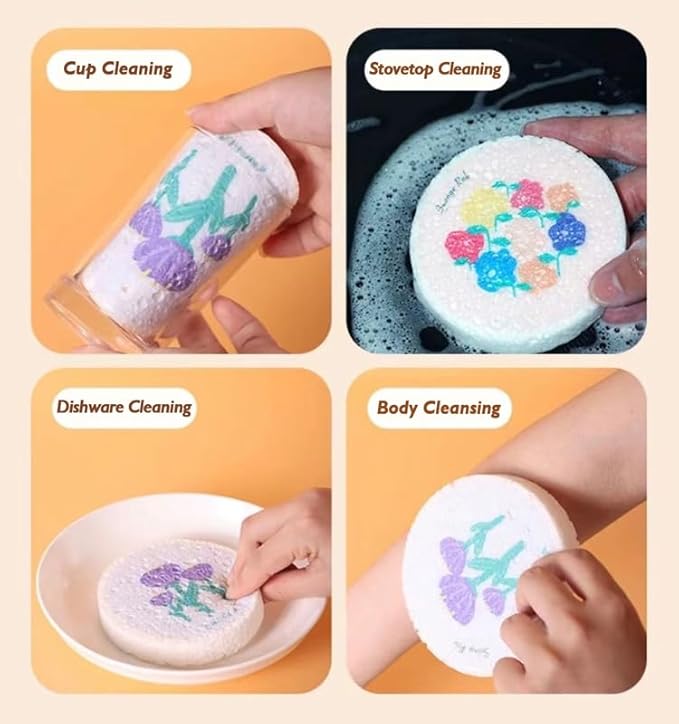 Flower-Shaped Compressed Wood Pulp Sponge Scrubber - Dual-Sided Natural Dish Sponge for Kitchen, Eco-Friendly Quick-Drying Sponges for Dishes (12pcs)