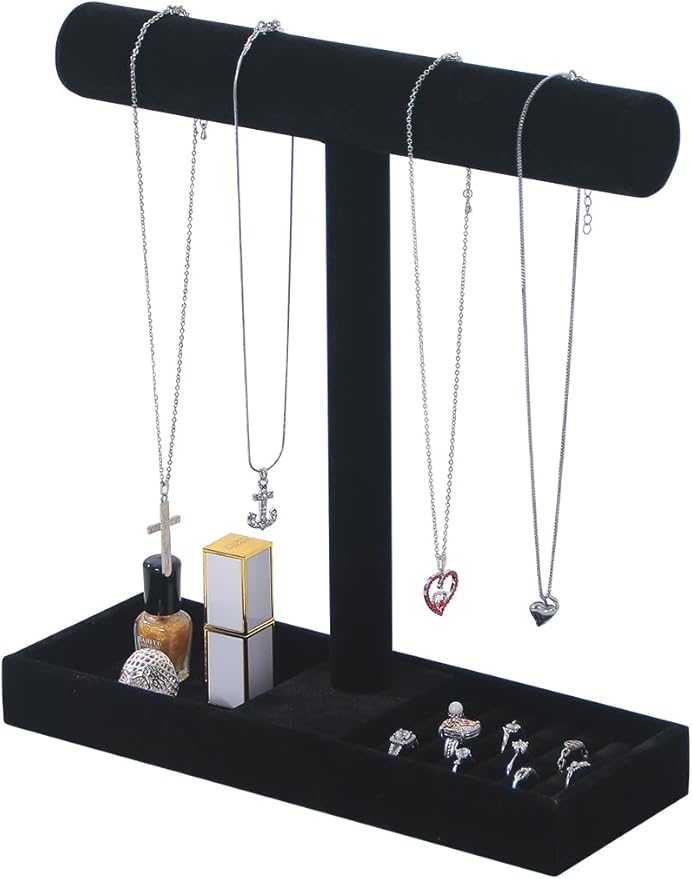 Justsoso Multi-Use Jewelry Holder Stand, Necklace Bracelet Ring Organizer Stand, Scrunchie Watches Velvet Jewelry Holder Stand With Tray for Women Home Use(Black Color)